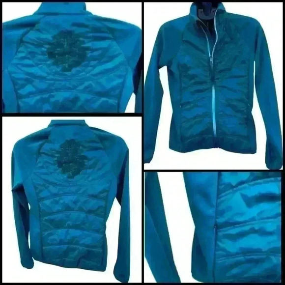 Athleta Quilted Large Graphic Logo Printed Back Teal Zip Up Athleisure Jacket S - Picture 1 of 14